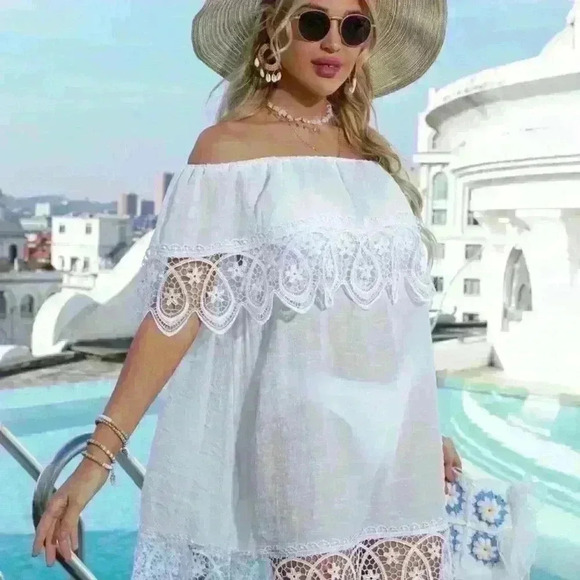 Shein Womens Dress Lace Hem Off the Shoulder  Cover Up White One-Size - Picture 5 of 10